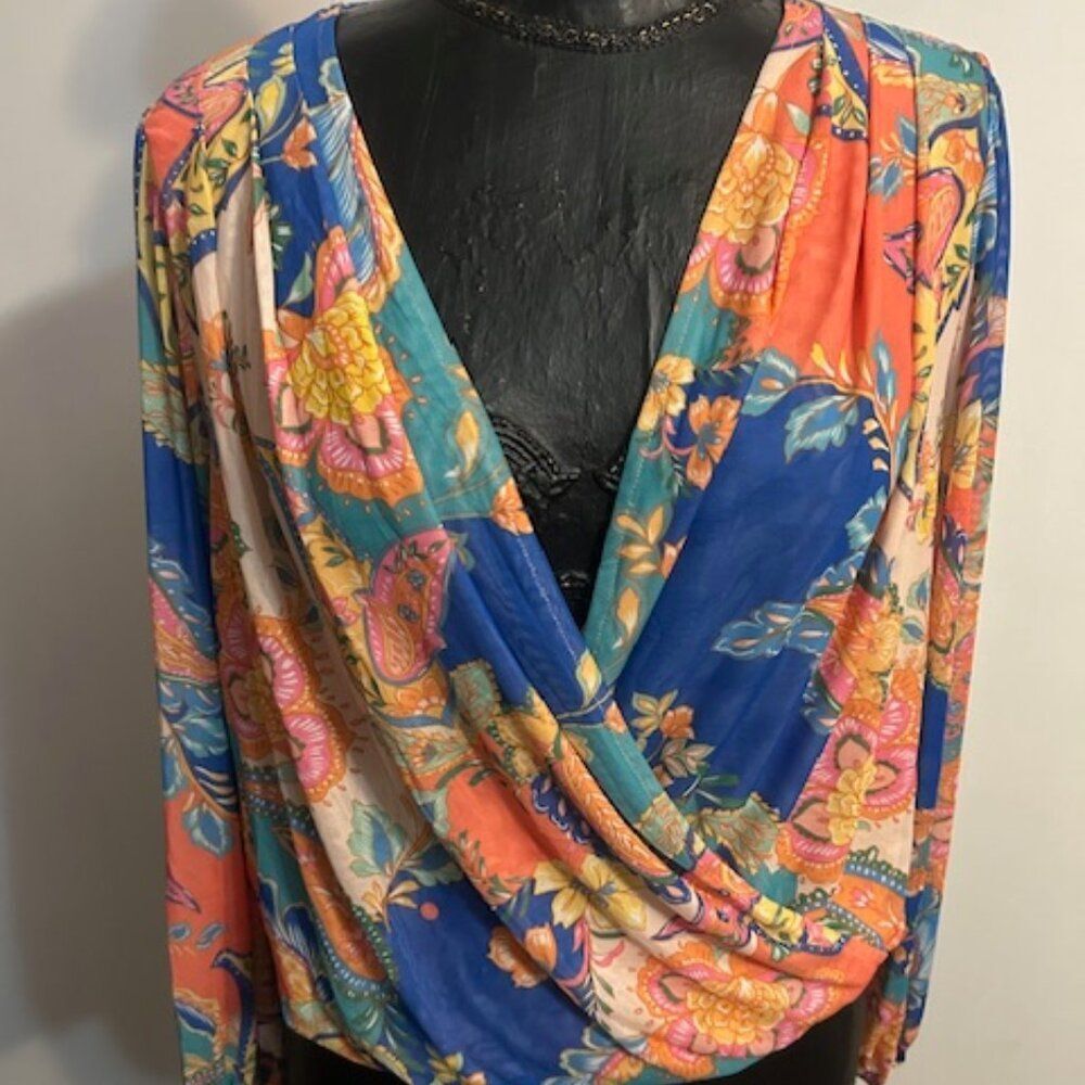 Boston Proper multi-color faux wrap front top, size XL